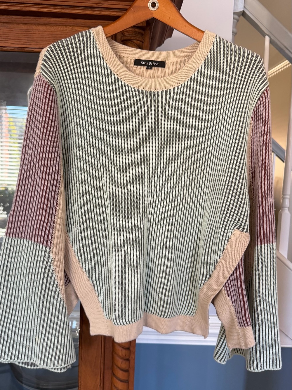 Strut & Bolt Large Crewneck Colorblock Ribbed Sweater — Cream and Dusty Pink